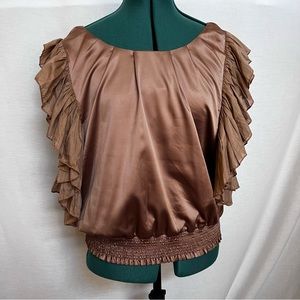 NWOT Jaloux Copper/Gold Flowy Sleeves Satin Silk Details Blouse.  Size L